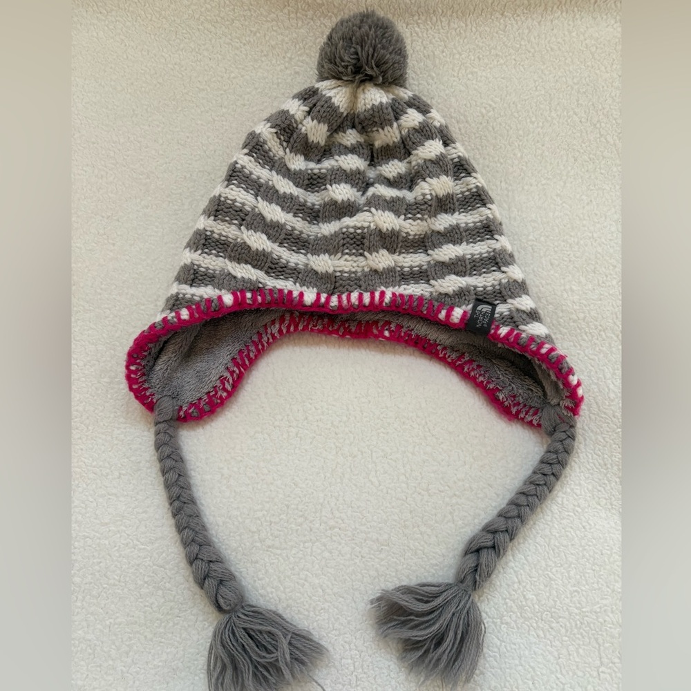 The North Face Girl's Hat Gray/White w/Pink Trim and Ear Flaps